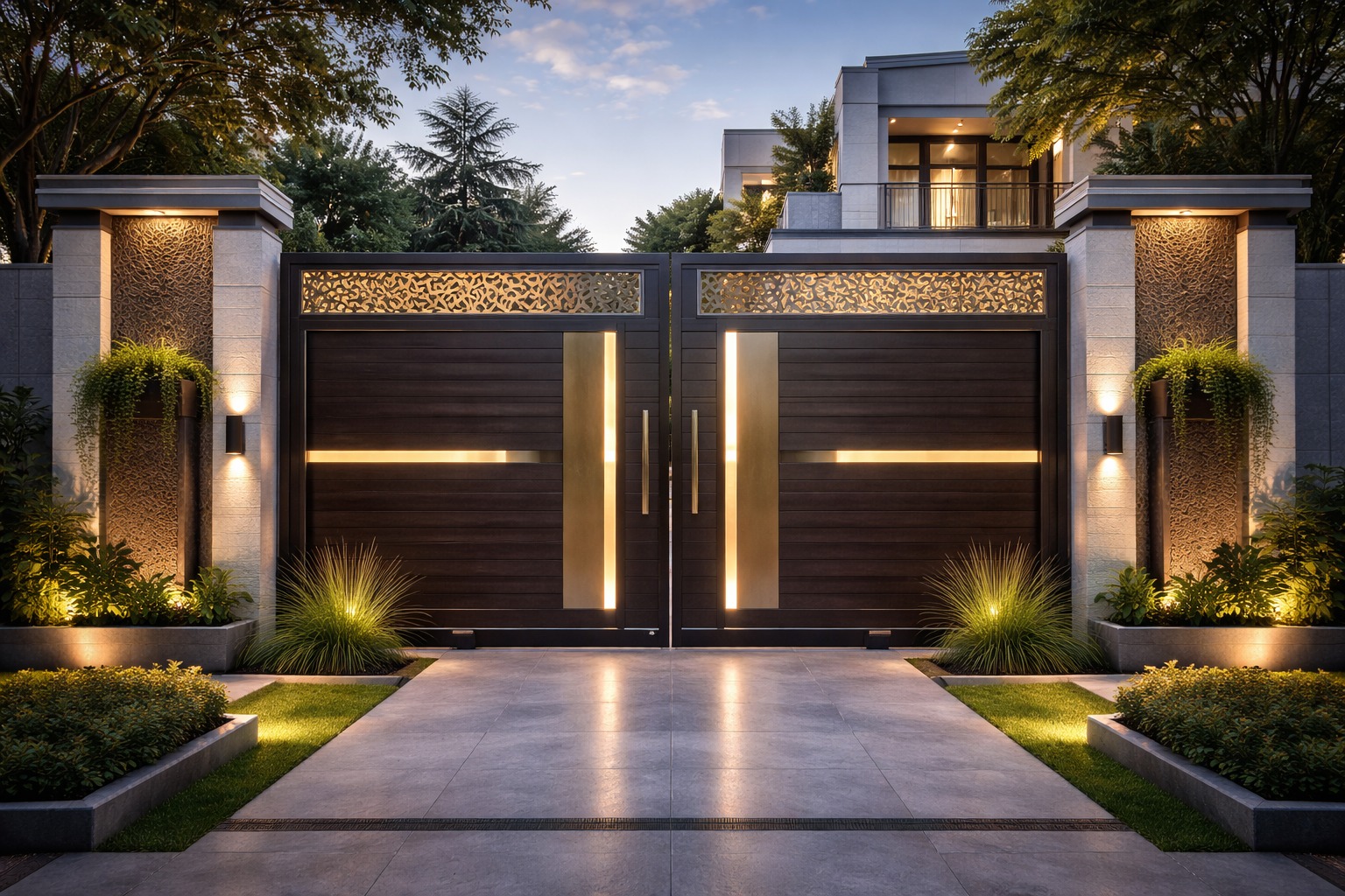 Main Gate & Boundary Wall by XCLERA - MS/SS frame gates with wood, PVC, or WPC cladding